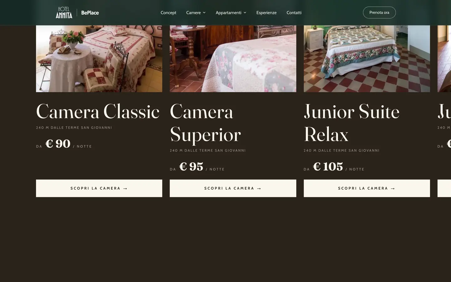 Sezione delle camere sul sito: schede affiancate di Camera Classic, Superior e Junior Suite Relax con prezzo a notte e distanza dalle terme