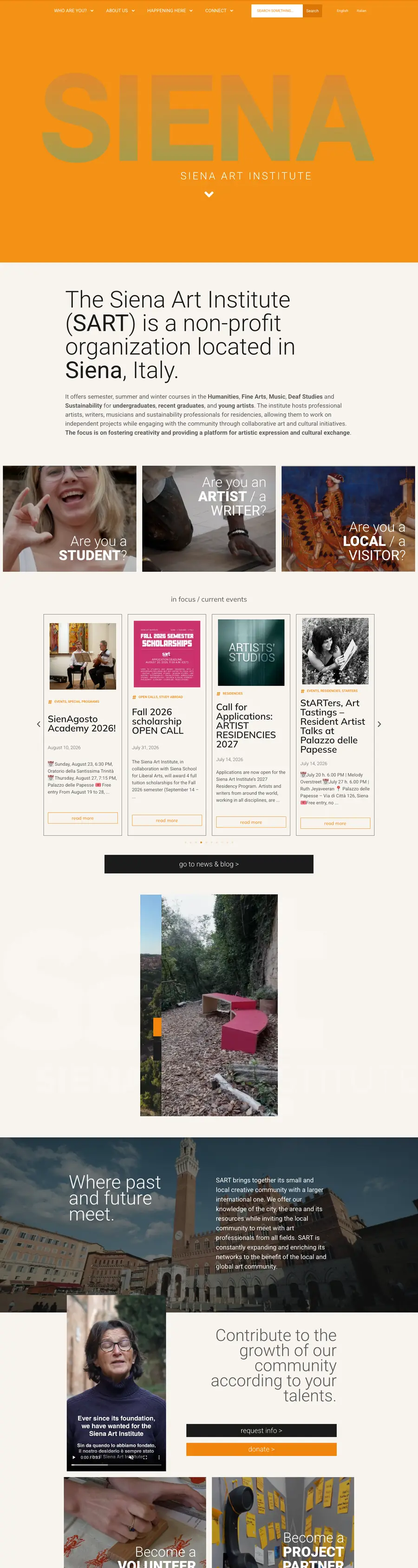 La home del nuovo sito del Siena Art Institute che scorre dall'alto verso il basso: hero arancione, sezioni sui programmi, le residenze e le notizie