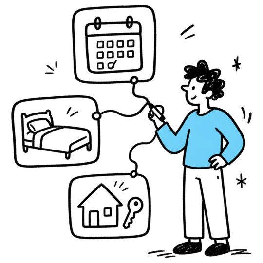 Disegno: una persona collega fra loro un calendario, una camera e un appartamento