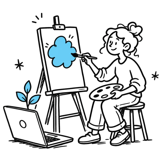 Disegno: una persona dipinge a un cavalletto accanto a un computer da cui spunta una pianta