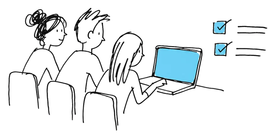 Disegno: tre persone seguono un corso davanti a un computer portatile, accanto un elenco con due spunte