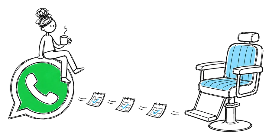Disegno: una persona con una tazza di caffè è seduta sul logo di WhatsApp mentre dei fogli di calendario con la spunta volano da soli verso una poltrona da barbiere