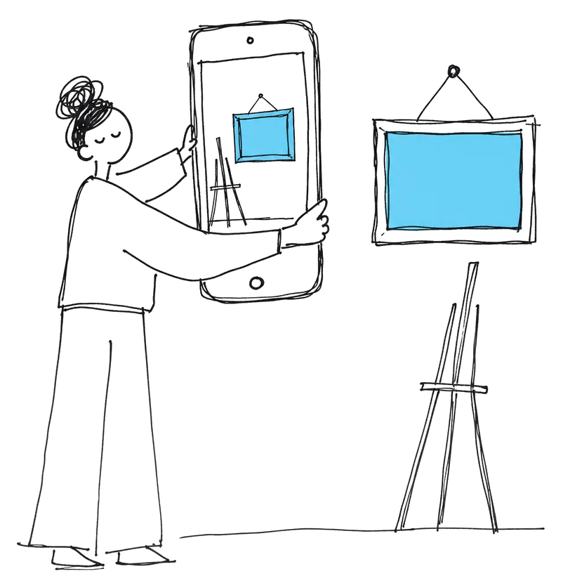 Disegno: una persona regge un telefono su cui è incorniciato lo stesso quadro appeso alla parete dietro di lei, accanto a un cavalletto da pittore