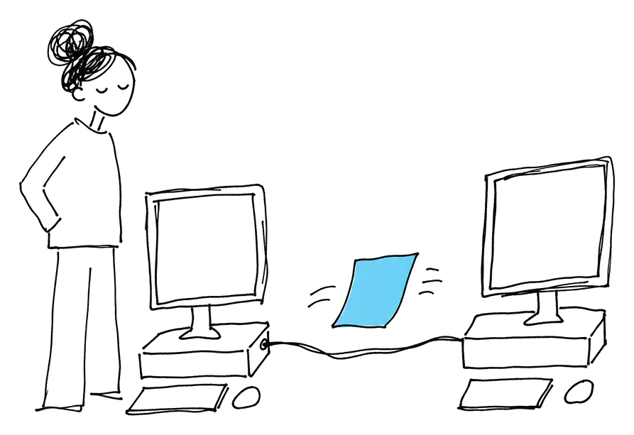 Disegno: due computer affiancati uniti da un cavo, lungo il quale un foglio sta passando dall'uno all'altro; accanto una persona osserva