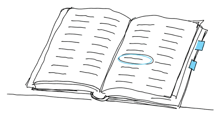 Disegno: un libro aperto con una riga cerchiata in azzurro